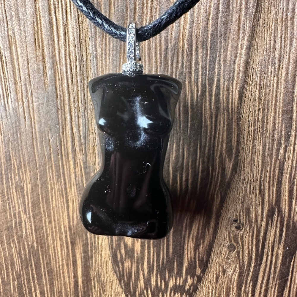 Black Obsidian Lady Body Pendant Necklace on Black Rope, Sterling Silver Bail